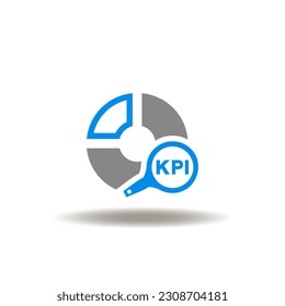 Vector illustration of diagram with sectors and magnifier with KPI. Symbol of improvement and achievement of KPI Key Performace Indicator.