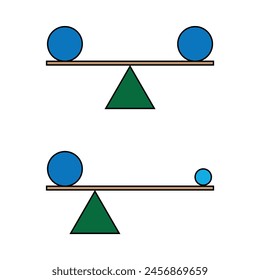 Vector illustration of a diagram that shows the center of mass in two different situations, balance of two bodies with different masses. Vector illustration for studying physics, exact sciences.