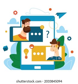 Vector illustration of dialog box with support operator. Call center. Operator of consulting center with customer. Hotline operator. Global support. 