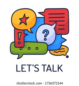 Vector illustration dialog speech bubbles with icons and text let's talk on white background. Safety communication technology concept. Thin line art flat design of mobile technology