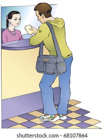 Vector illustration. Dialogue between the customer and cashier