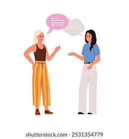 Vector illustration of a dialogue between two girls.Cartoon scene of two girls, a blonde and a brunette discussing something, dressed in stylish outfits isolated on a white background. Speech bubbles.