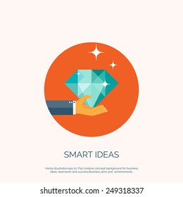 Vector illustration of diamond and hand. Flat business background. Smart solutions and ideas.  Brilliant knowledge.