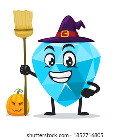 vector illustration of diamond mascot or character wearing witch costume and holding broom