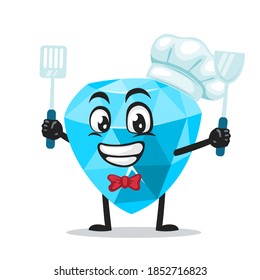 vector illustration of diamond mascot or character wearing chef hat and holding spatula
