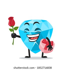 vector illustration of diamond mascot or character give flower and holding pink gift