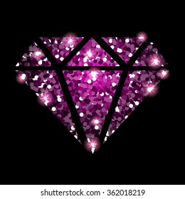 Vector Illustration With A Diamond On Black Background With Silver Glitter Stars, Lights, Sparkles. 