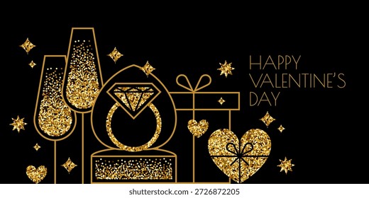 Ilustração vetorial com anel de diamante na caixa de presente, taças de champanhe dourado brilhante e corações. Projeto romântico para Dia dos Namorados banner cartaz de feriado, cartões de amor, proposta, celebração de casamento