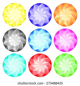 Vector illustration of diamonds in 9 different colors. Each object grouped. 