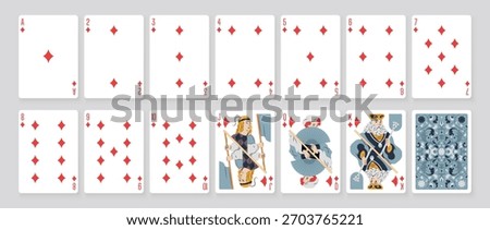Vector illustration of a Diamonds suit card set: Jack, Queen, King, Ace, card back with ornate. Elegant and classic playing cards with decorative pattern for poker, casino, and entertainment projects.
