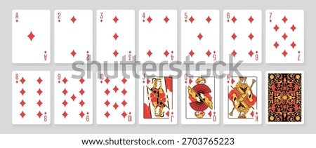 Vector illustration of a Diamonds suit card set: Jack, Queen, King, Ace, card back with ornate. Elegant and classic playing cards with decorative pattern for poker, casino, and entertainment projects.