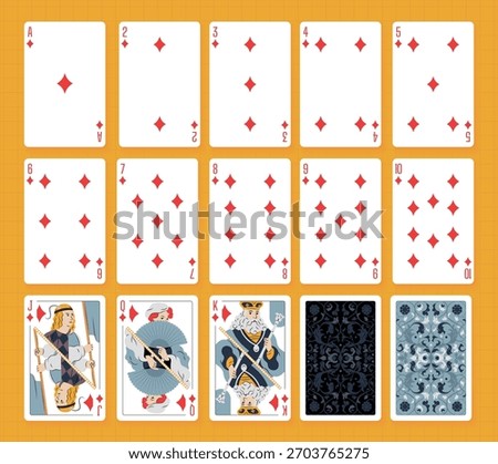 Vector illustration of a Diamonds suit card set: Jack, Queen, King, Ace, card back with ornate. Elegant and classic playing cards with decorative pattern for poker, casino, and entertainment projects.