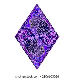 Vector illustration of diamond-shaped angry tigers turning heads roaring showing fangs in open mouths. Rhombus art. Isolated on white background.