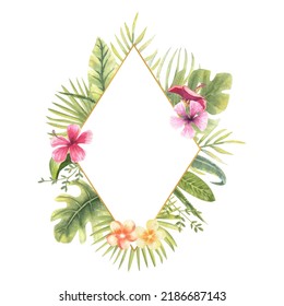 Vector illustration of a diamond-shaped frame with tropical plants. Monster, banana leaves, hibiscus, etc. Floral watercolor. For the design of greeting cards, invitations
