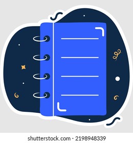 Vector Illustration Of Diary Sticker Or Icon Against Blue Confetti Background.