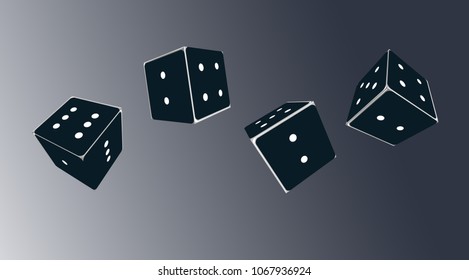 
Vector illustration of dice. Four dice are depicted at the time of the throw. Different playing combinations are depicted on the dice. Completed in dark colors. The points on the dice are white.