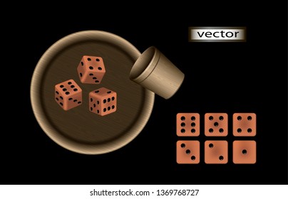 Vector illustration of dice game vintage casino set isolated on transparent background ceramic dice wooden glass and plate for throwing set in 3D view