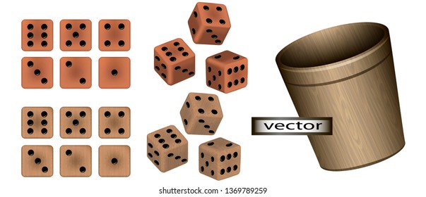 Vector illustration of dice game vintage casino set isolated on transparent background dice made of wood and ceramics wooden glass for throwing set in 3D view