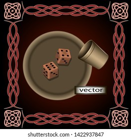 Vector illustration of dice game vintage casino set isolated on transparent background grouped ceramic dice wooden glass and plate for throwing set in 3D view with aged frame in retro style