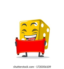 vector illustration of dice mascot or character holding blank red scroll