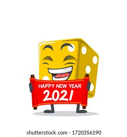 vector illustration of dice mascot or character holding red scroll and say happy new year