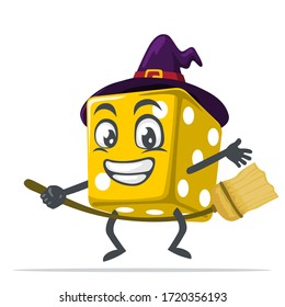 vector illustration of dice mascot or character wearing witch costume and ride flying broom