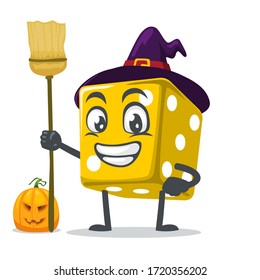 vector illustration of dice mascot or character wearing witch costume and holding broom