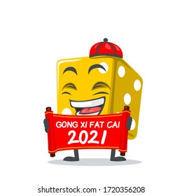 vector illustration of dice mascot or character holding red scroll and says happy chinese new year 2021