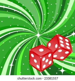 Vector illustration of dice pair on the beautiful shiny green background. Casino items.