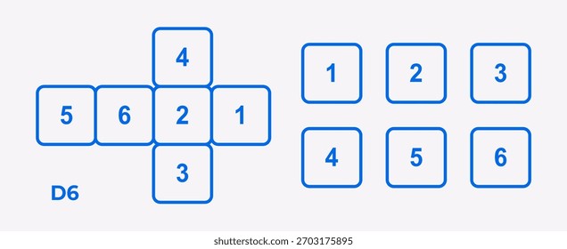 Vector illustration of a dice set showing all sides and unfolded layout. Cube design for casino, gaming, luck, and educational projects.