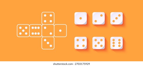 Vector illustration of a dice set showing all sides and unfolded layout. Cube design for casino, gaming, luck, and educational projects.