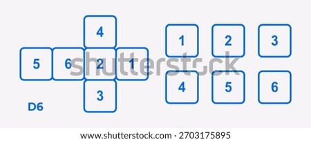 Vector illustration of a dice set showing all sides and unfolded layout. Cube design for casino, gaming, luck, and educational projects.