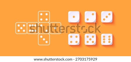 Vector illustration of a dice set showing all sides and unfolded layout. Cube design for casino, gaming, luck, and educational projects.