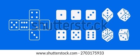 Vector illustration of a dice set showing all sides and unfolded layout. Cube design for casino, gaming, luck, and educational projects.