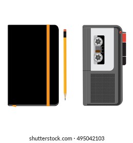 Vector illustration dictaphone icon. Voice recorder and black notebook moleskin with yellow pencil isolated on white background. Journalist.