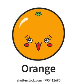 Vector illustration: a dictionary card with cartoony fruit an Orange with typography name of it for decoration, prints, posters and learning english. Design elements isolated on white background.