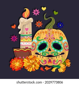 Vector illustration. Die de los muertos. The day of the Dead, Mexican holiday, pumpkins, candles, banner and card, print on t-shirt, handmade