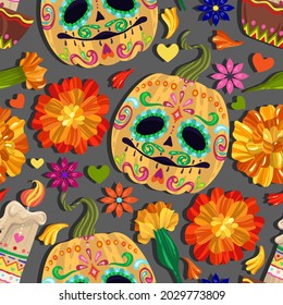 Vector illustration. Die de los muertos. The day of the Dead, Mexican holiday, pumpkins, candles, dark background, seamless pattern