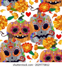 Vector illustration. Die de los muertos. The day of the Dead, Mexican holiday, festival, light  background, seamless pattern, handmade