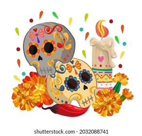 Vector illustration. Die de los muertos. The day of the Dead, Mexican holiday,hot red pepper, candles, skull, banner and card, print on t-shirt, handmade