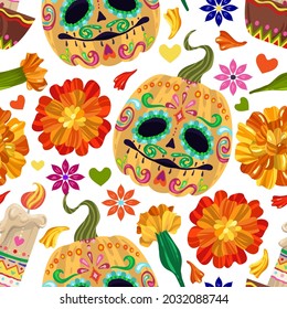 Vector illustration. Die de los muertos. The day of the Dead, Mexican holiday, pumpkins, candles, light background, seamless pattern