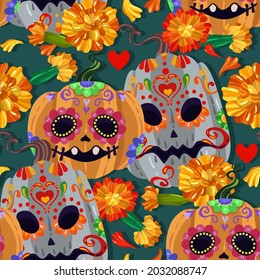 Vector illustration. Die de los muertos. The day of the Dead, Mexican holiday, festival, dark background, seamless pattern, handmade