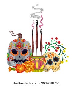 Vector illustration. Die de los muertos. The day of the Dead, Mexican holiday, pumpkins,  incense, skull, banner and card, print on t-shirt, handmade