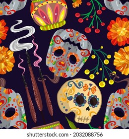 Vector illustration. Die de los muertos. The day of the Dead, Mexican holiday, pumpkins,  incense, skull, dark background, seamless pattern