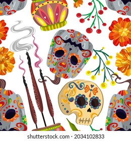 Vector illustration. Die de los muertos. The day of the Dead, Mexican holiday, pumpkins,  incense, skull, light  background, seamless pattern