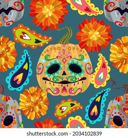 Vector illustration. Die de los muertos. The day of the Dead, Mexican holiday, festival, green background, seamless pattern