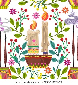 Vector illustration. Die de los muertos. The day of the Dead, Mexican holiday, candles,  incense, light  background, seamless pattern, handmade