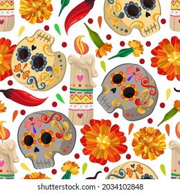 Vector illustration. Die de los muertos. The day of the Dead, Mexican holiday,hot red pepper, candles, skull, light  background, seamless pattern