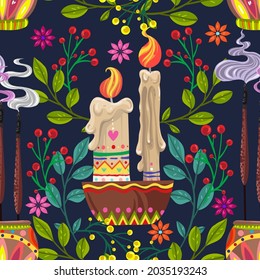 Vector illustration. Die de los muertos. The day of the Dead, Mexican holiday, candles,  incense, dark background, seamless pattern, handmade