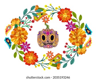 Ilustración vectorial. Muere de los muertos. Día de los Muertos, festividad mexicana, festival, banner y tarjeta, impreso en camiseta, hecho a mano